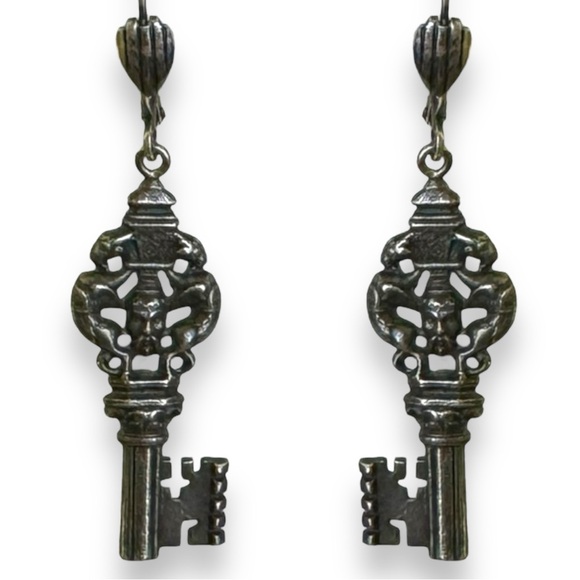 Antique Ornate Pewter Key Earrings - Picture 1 of 3
